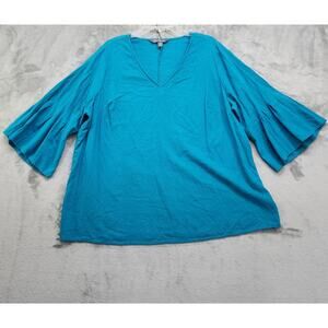 Market & Spruce Top Womens 2X Blue Linen Blend Ashlea Pleated Bell Sleeve V-Neck
